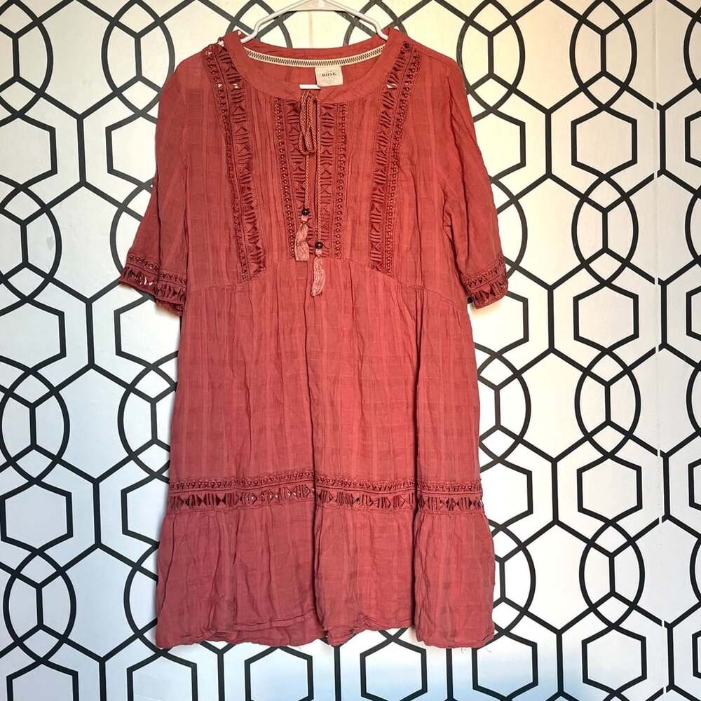 Knox Rose Dress Size XXL Coral Pink Boho Peasant Tiered Cotton Tassel